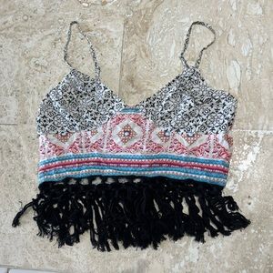 FREE PEOPLE mixed patter crop top bustier with fringe
